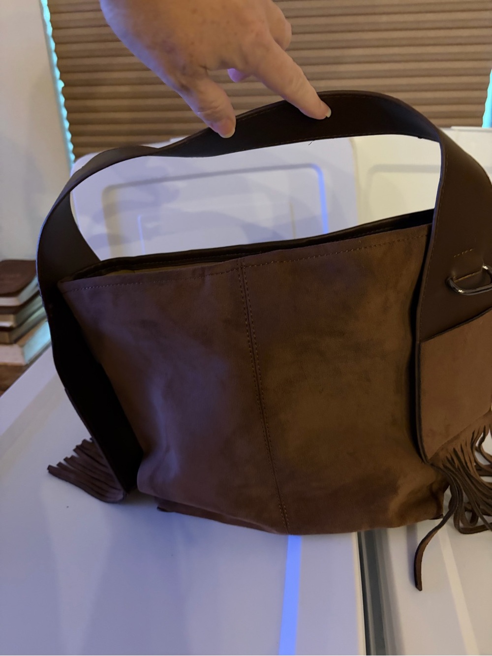 Chocolate Brown Suede Shoulder Bag with Fringe Accent